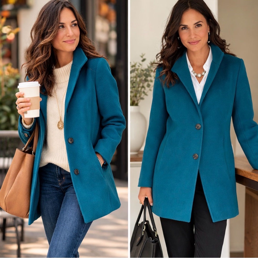 J. Jill Teal Blue Peacoat Jacket Small Stretch Tailored Classic Coat